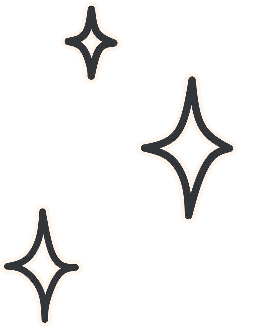 Three star-shaped sparkles with black and white outlines on a transparent background.