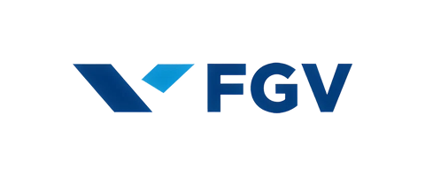 Logo with blue and dark blue text reading 'V FGV' on a black background.