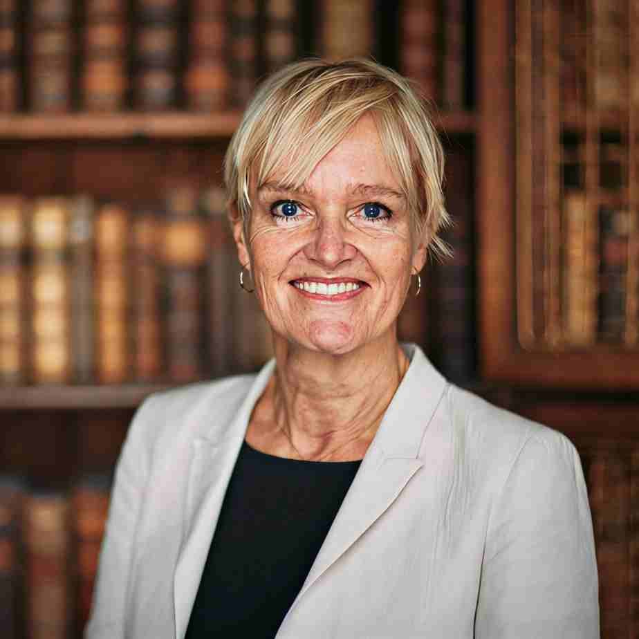 Portrait of a smiling middle-aged woman with short blonde hair, wearing a light-colored blazer and a black top, standing in front of a blurred background of bookshelves.