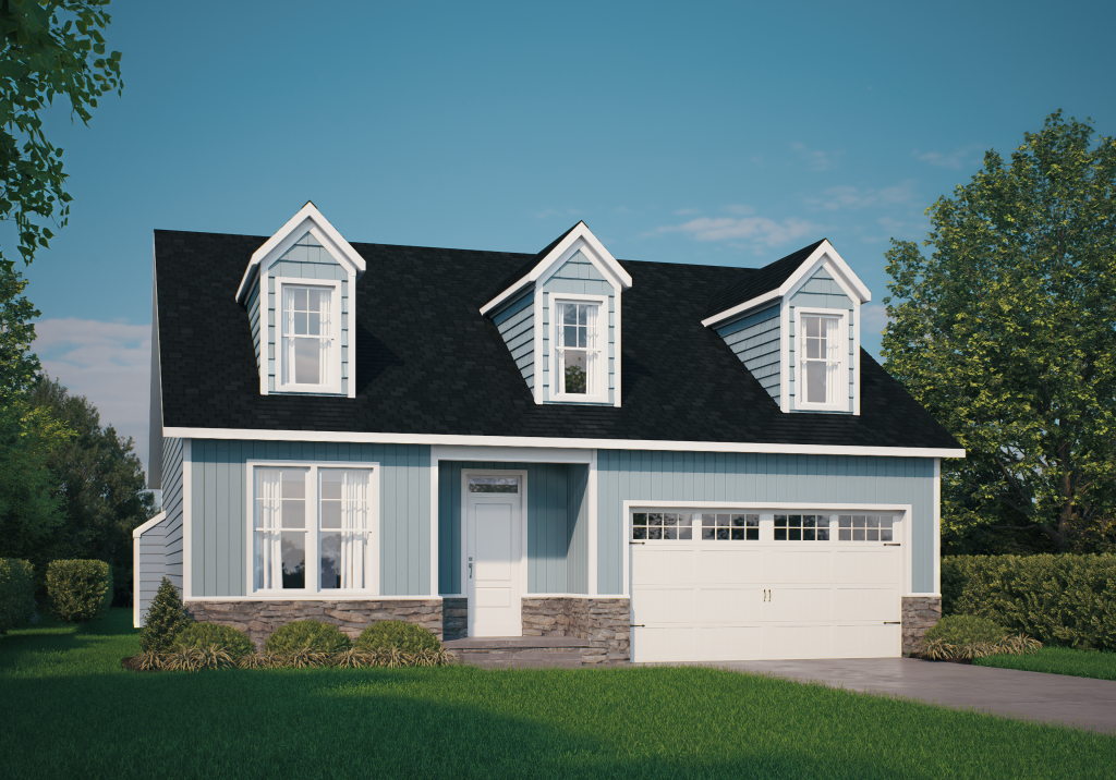 A two-story house with blue siding, white trim, a black roof, and three dormer windows, surrounded by green grass and trees.