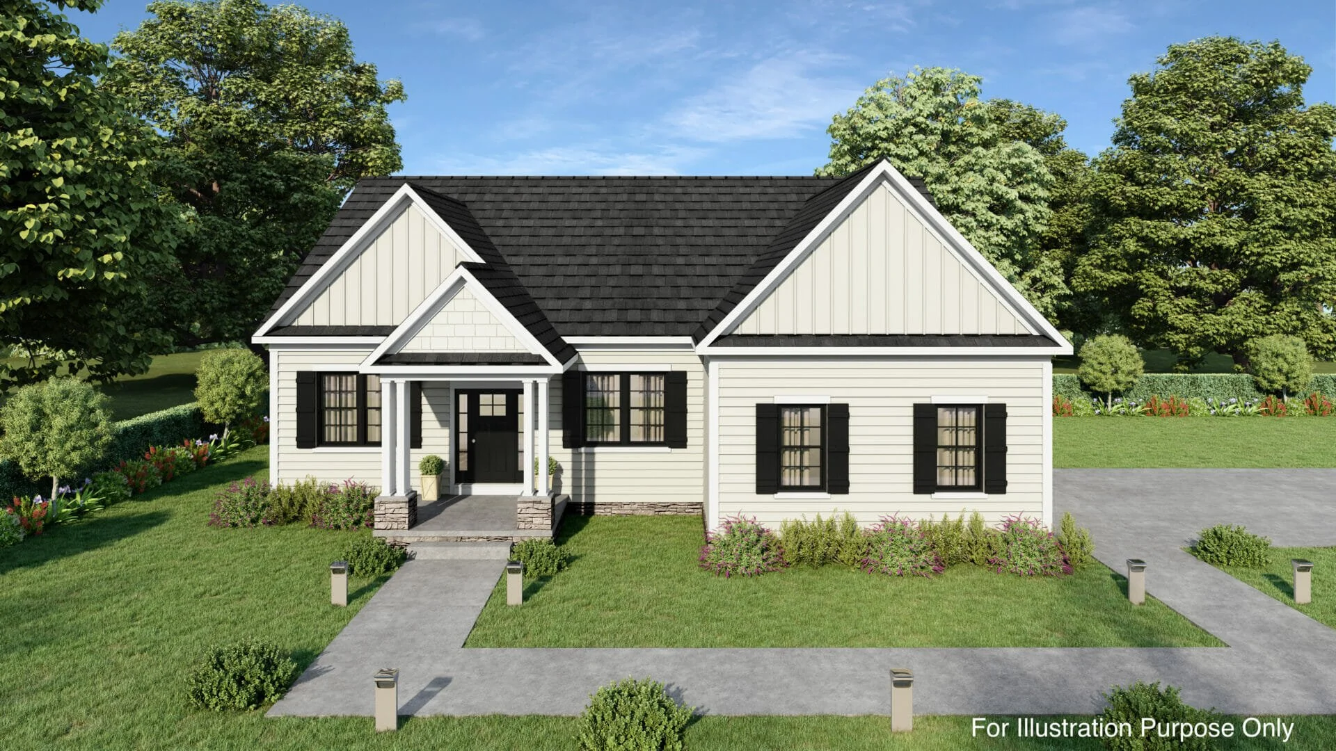 Front view of a modern, small white house with black shutters, black roof, small porch, and surrounding green lawn and trees.