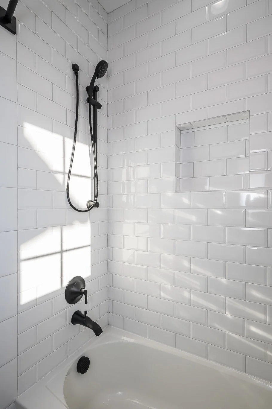Shower with white subway tile walls, black fixtures, and a small built-in niche for toiletries.