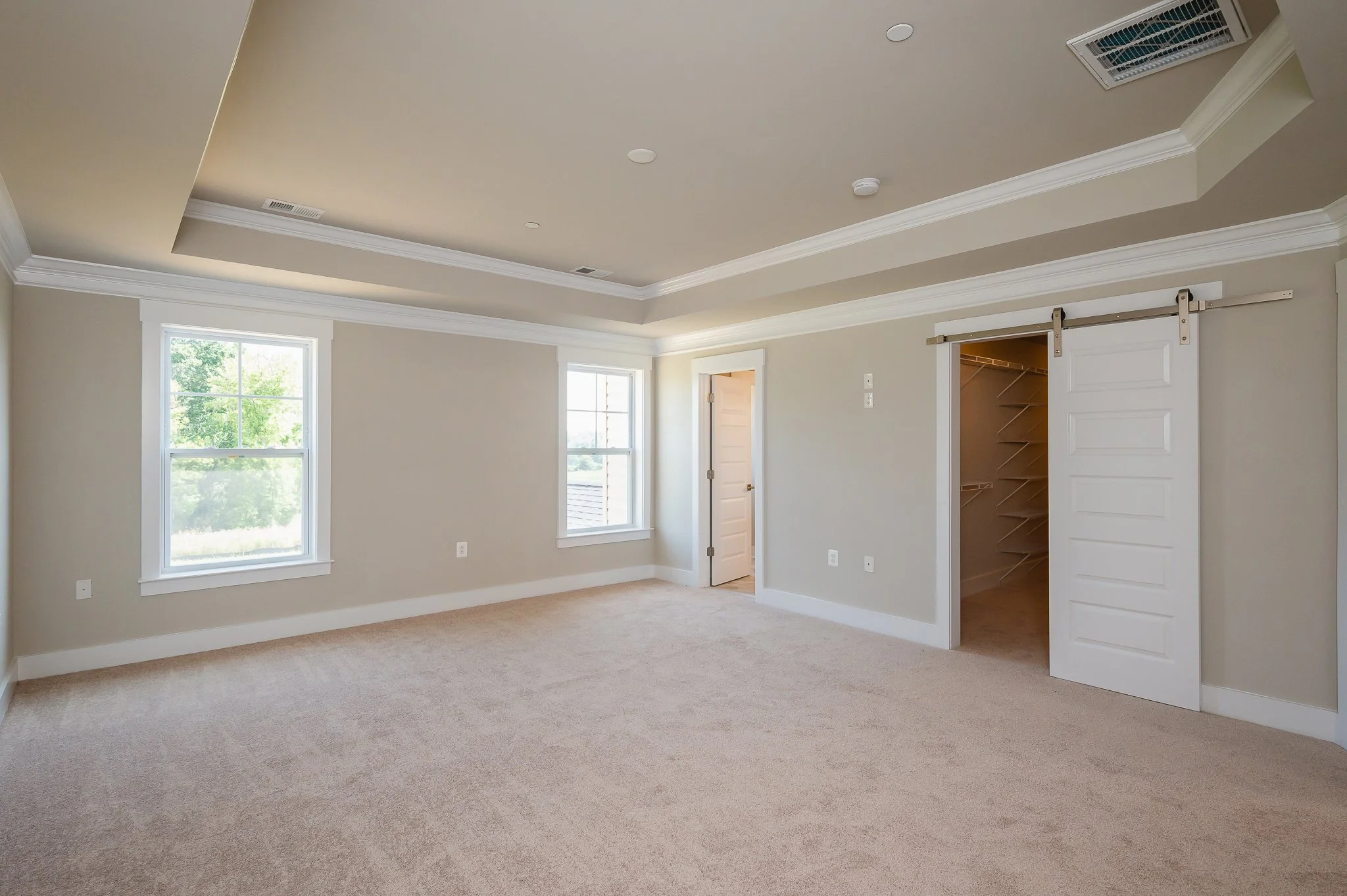 Empty bedroom with beige carpet, two windows, a white door, and a walk-in closet with sliding door