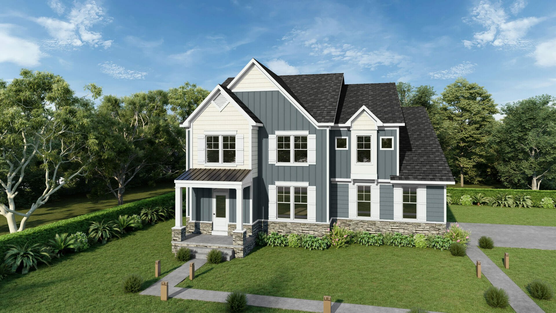 A two-story modern house with blue and white exterior, black shingle roof, and front porch surrounded by green lawn and trees.