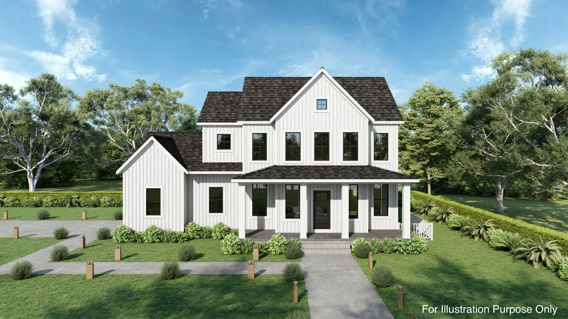 A modern two-story white house with dark shingle roof, surrounded by green trees and landscaping, with a concrete pathway leading to the front porch.