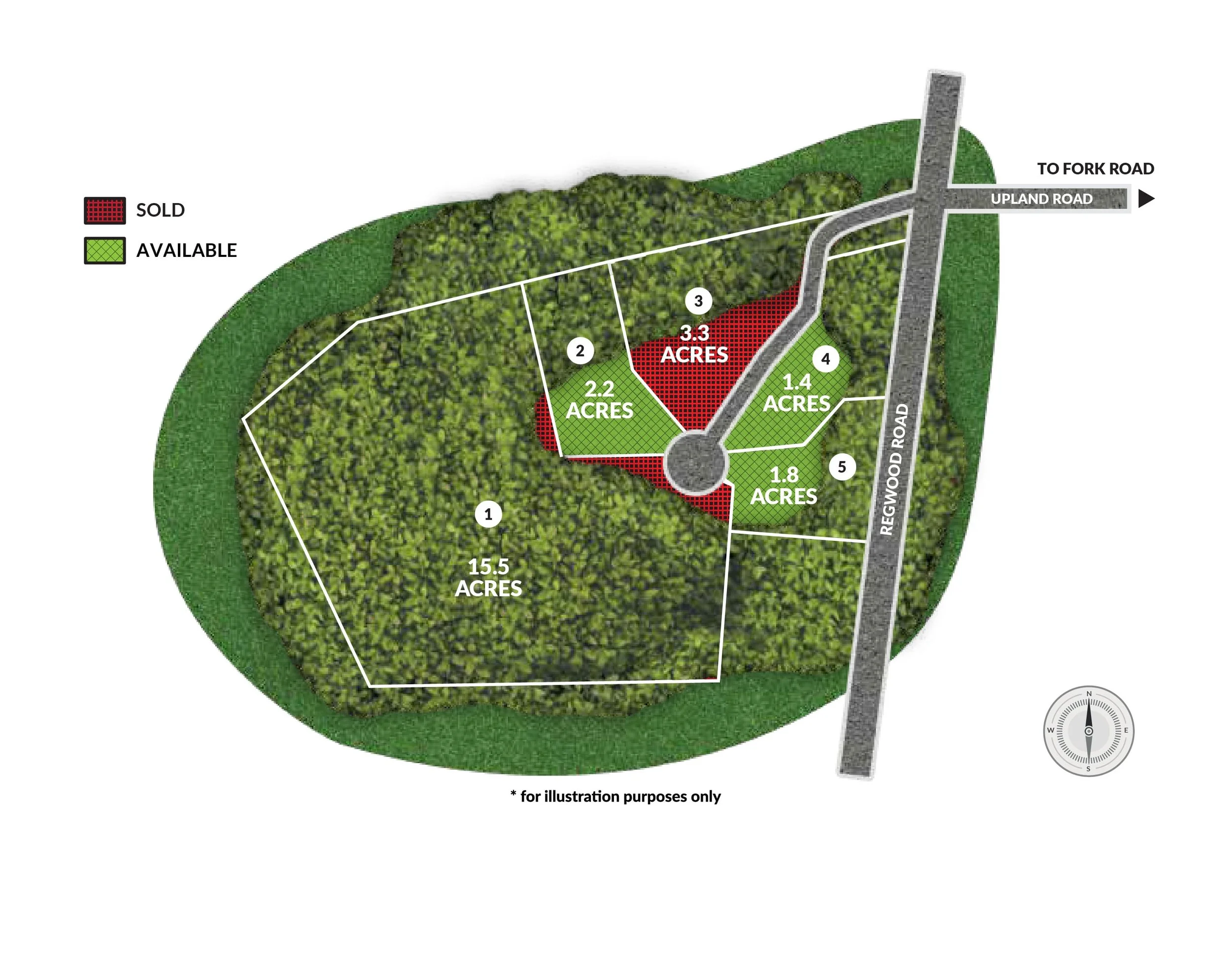 A site map showing available and sold lots, with lot sizes in acres, a road network, and a north compass. Sold lots are marked in red, available lots in green.