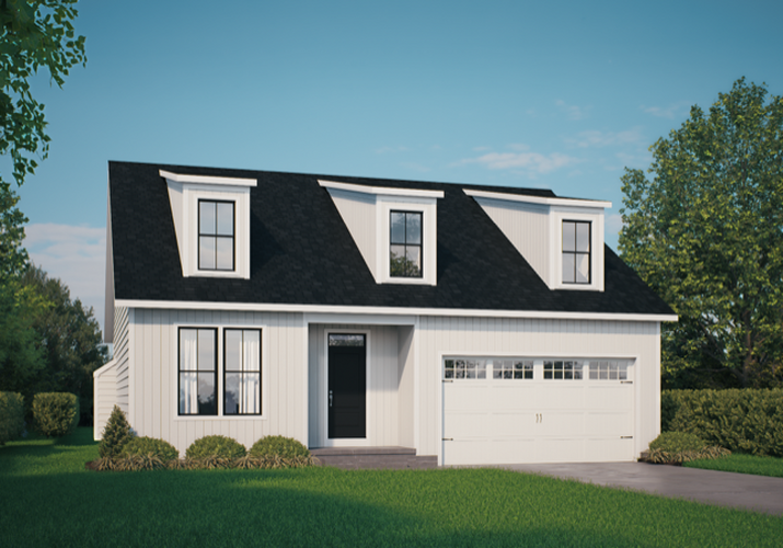 Modern two-story house with white exterior, black roof, and three dormer windows, surrounded by green lawn and trees.