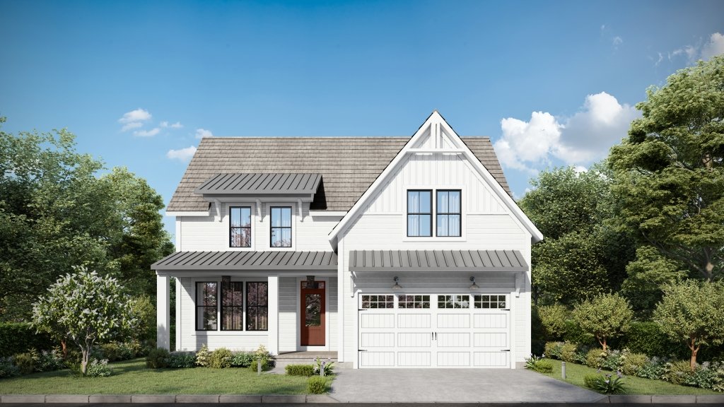 Front view of a modern two-story white house with a gray roof, large windows, and a brick front door, surrounded by greenery.