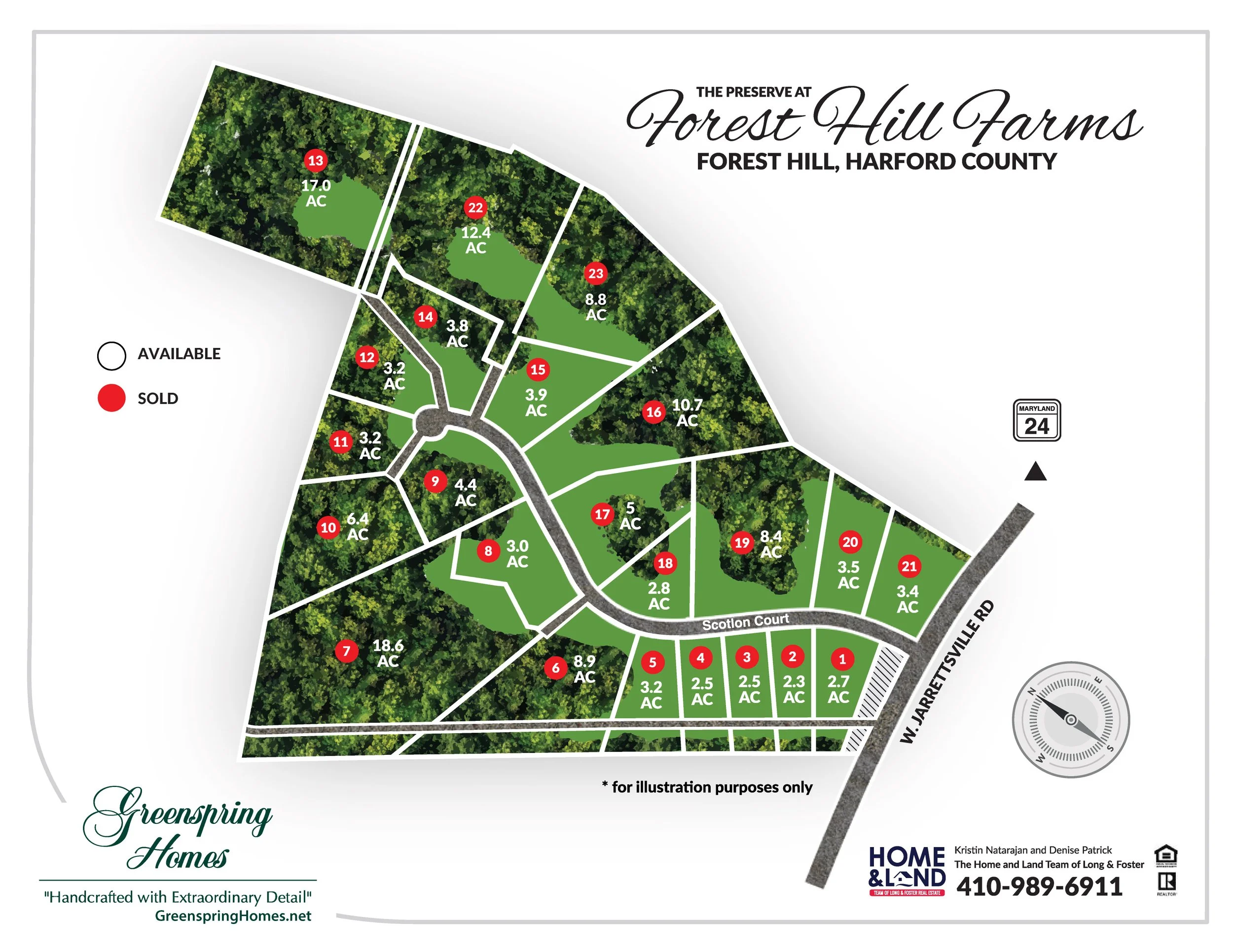 Map of Forest Hill Farms subdivision in Forest Hill, Harford County, showing lot sizes and availability. Lots are marked with green spaces and red sold labels.