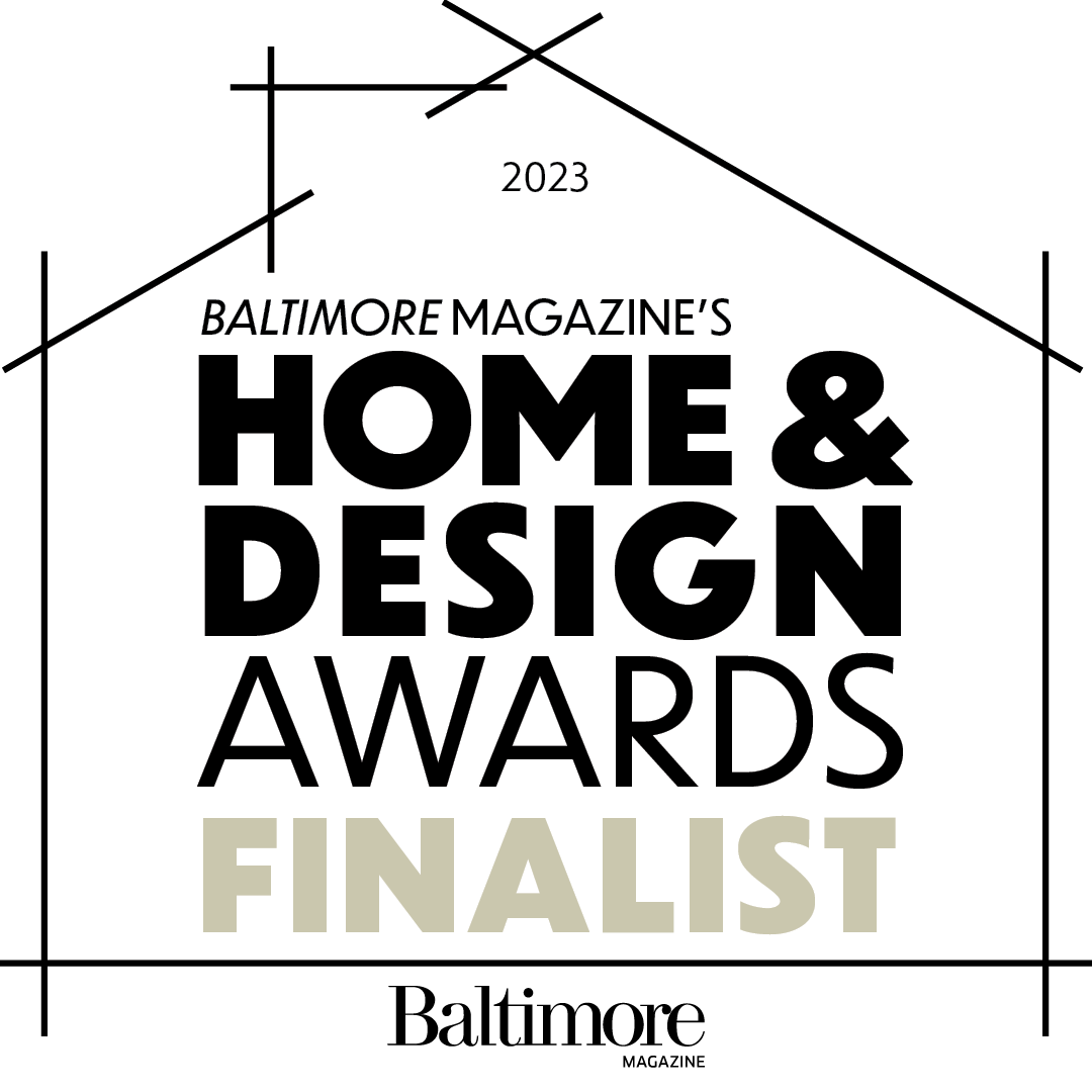 Baltimore Magazine's Home & Design Awards Finalist badge with a house roof outline and black, white, and beige color scheme.