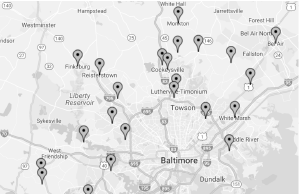 Map of Baltimore and surrounding areas with multiple location markers