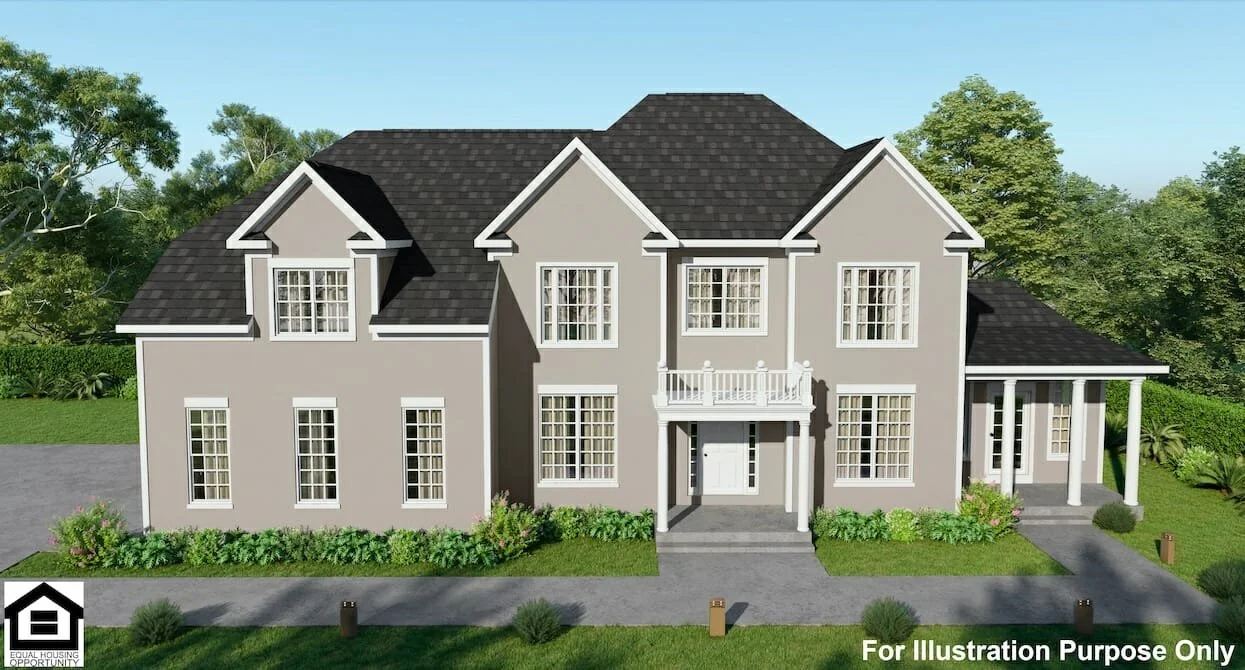 A two-story house with a gray exterior, white trim, multiple windows, a small balcony, a front porch with columns, and surrounded by greenery.