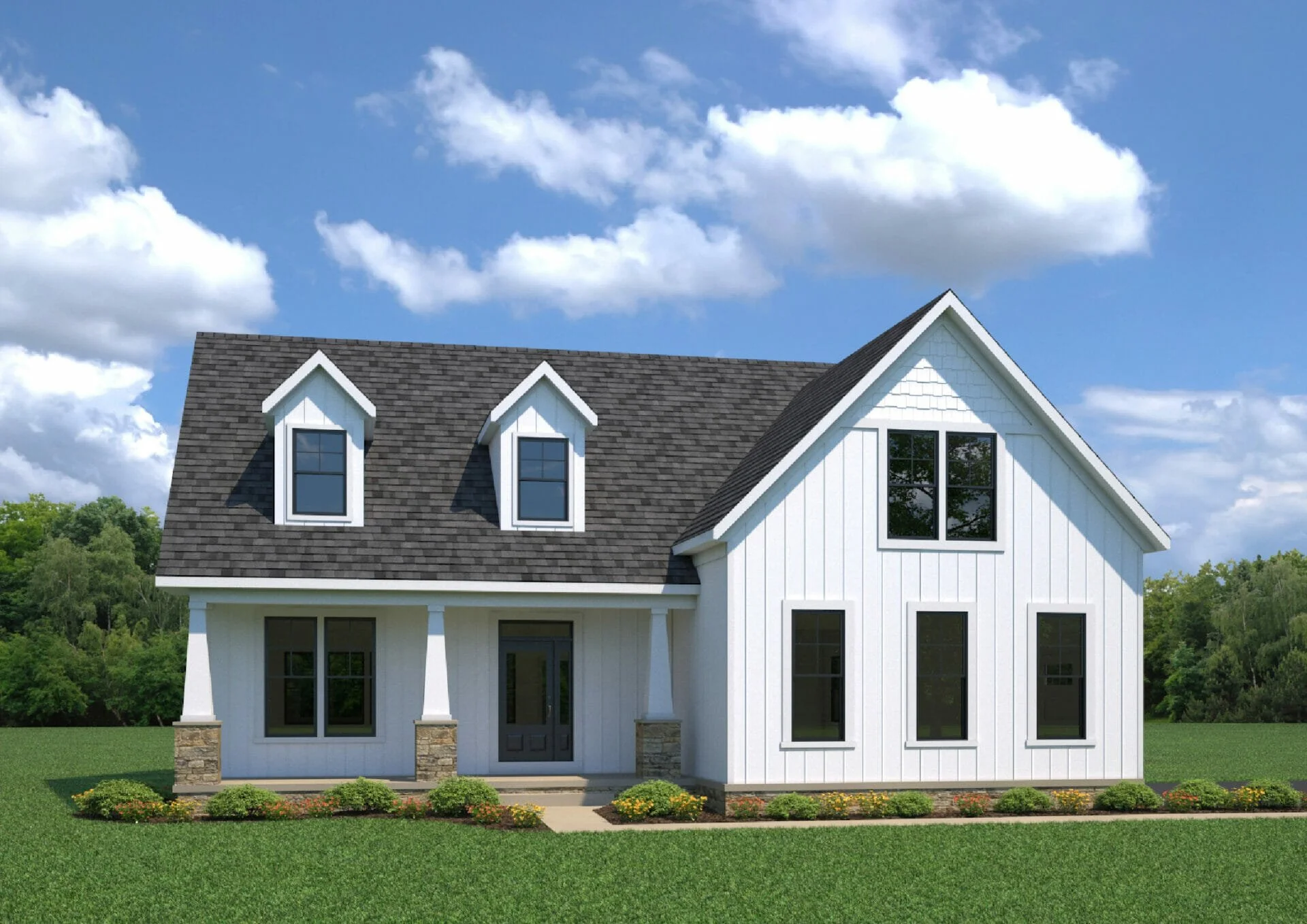 A modern white house with black-framed windows, dark gray shingle roof, front porch, surrounded by green lawn and trees, under a partly cloudy sky.