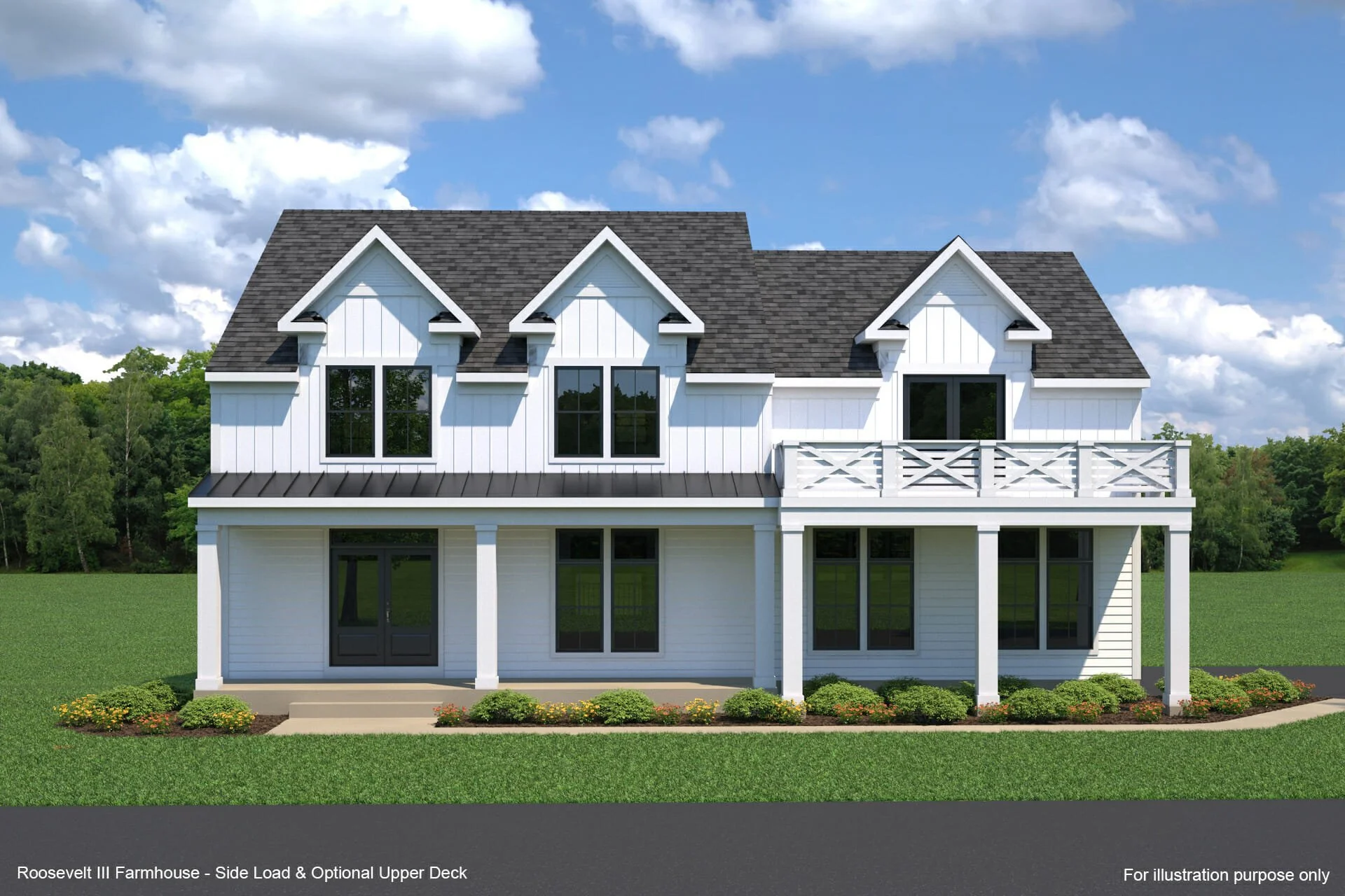 A two-story white house with black roof shingles, featuring three dormer windows on the upper level and a spacious upper deck with white railing. The house is surrounded by green grass and landscaping, with a backdrop of trees and a partly cloudy sky.