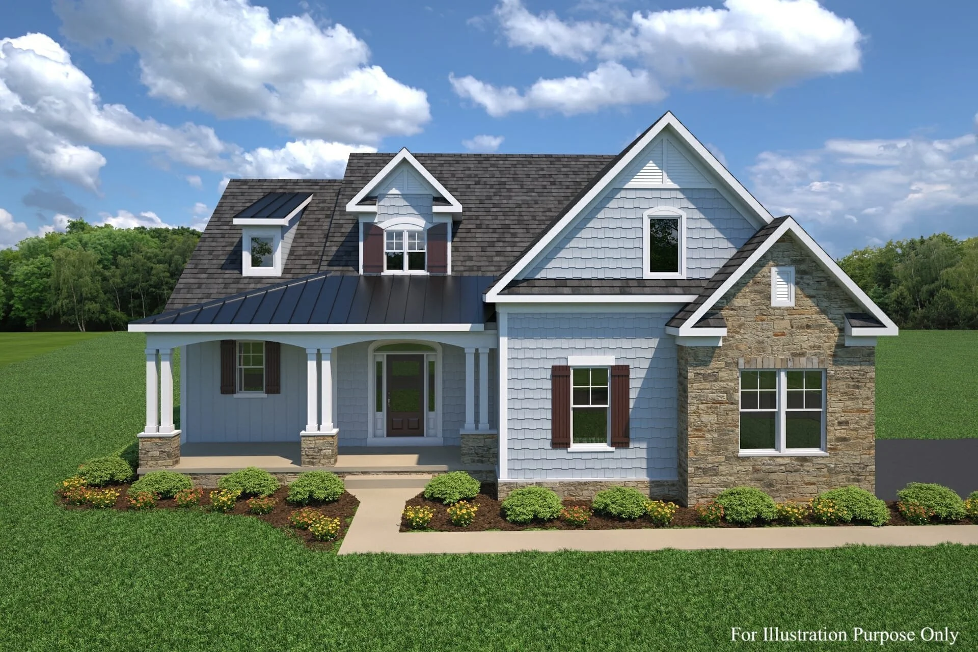 Large two-story house with a front porch, gabled roofs, and a mix of stone and siding exterior, surrounded by green lawn and shrubs, under a partly cloudy sky.