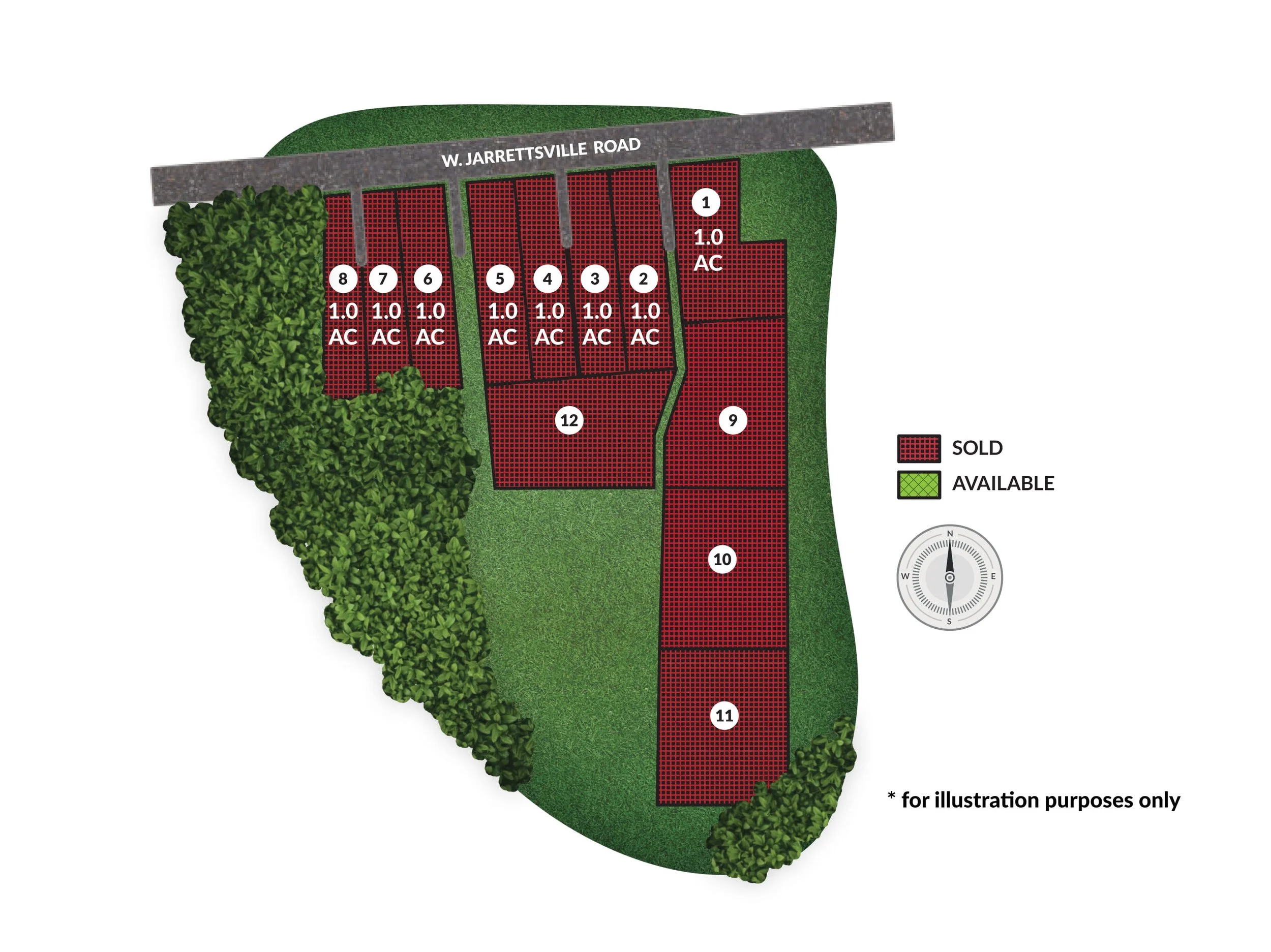 Map of a residential area with lots marked as sold or available, showing lot numbers 1 through 12, near W. Jarrettsville Road, with an east direction compass.