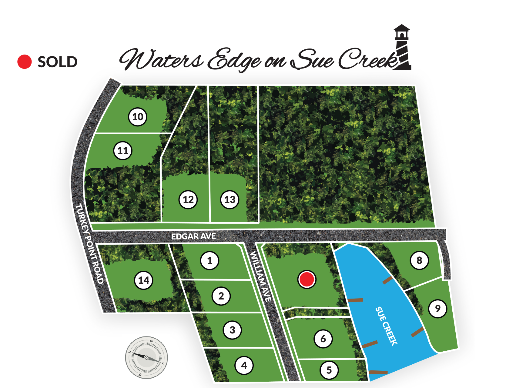 Map of Waters Edge on Sue Creek with property lots numbered, streets labeled, a pond, and a north compass rose.