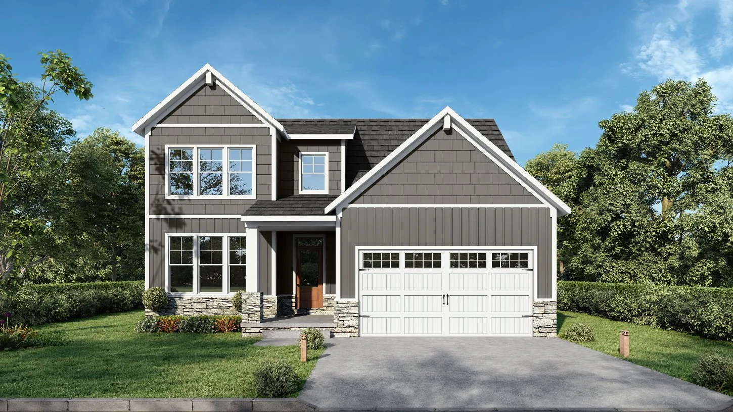 A two-story gray house with white trim, a front porch with stone steps, large windows, a front door, and an attached garage, surrounded by a lawn and trees under a blue sky.