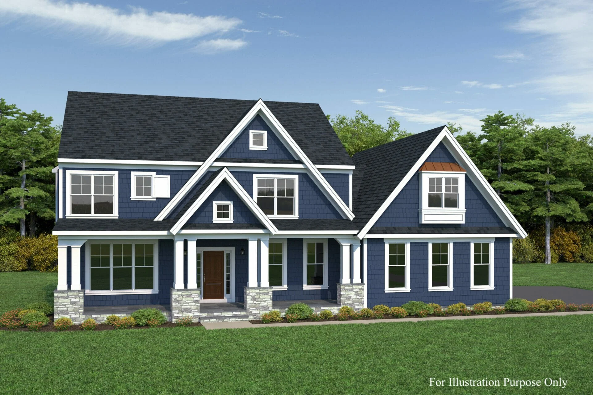 A two-story house with blue siding, white trim, and black shingle roof. It features multiple gables, large windows, a front porch with stone pillars, and a landscaped front yard.