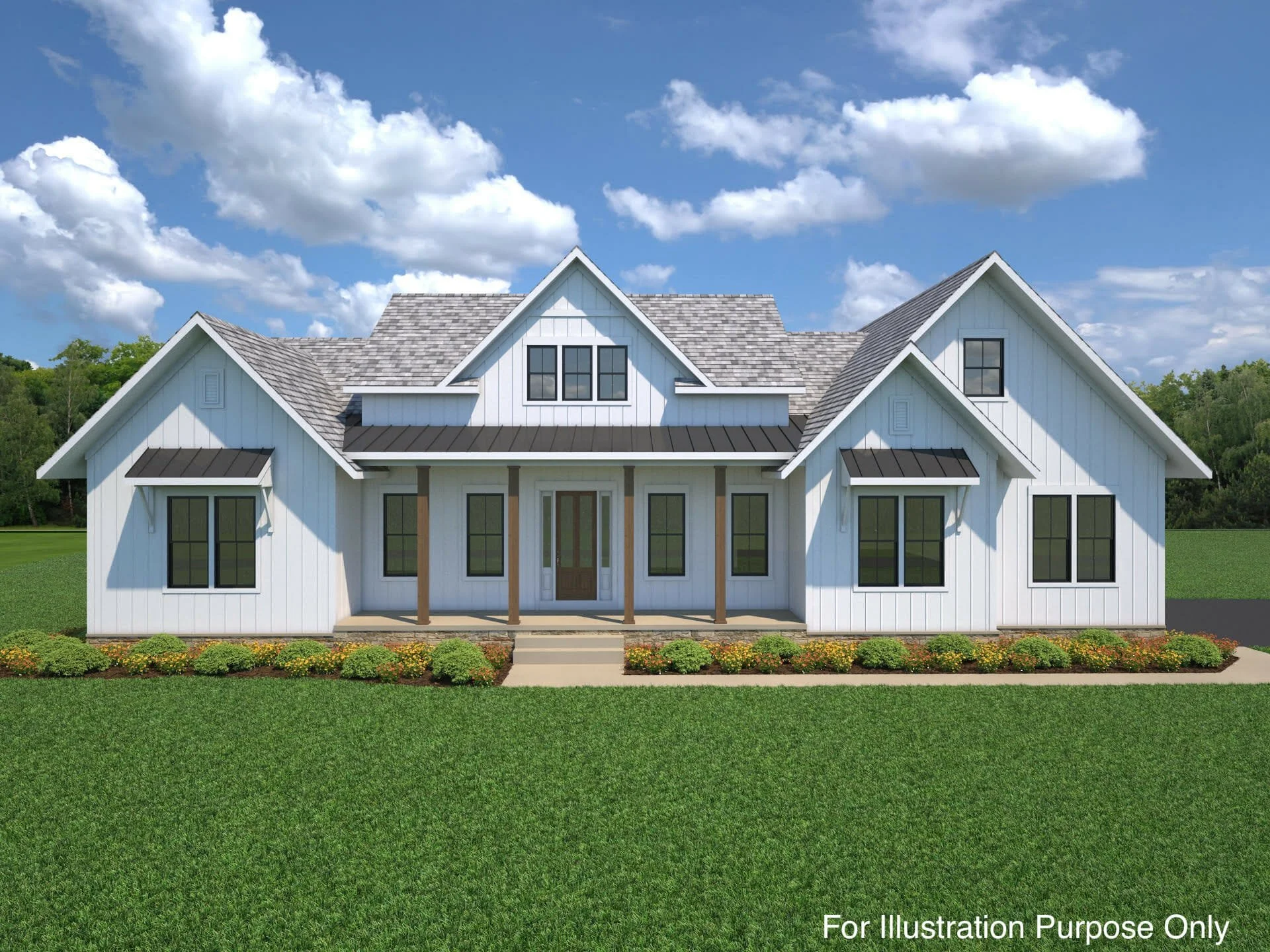 A modern white farmhouse with black window frames, grey roof, front porch with wooden posts, surrounded by green lawn and landscaping, under a partly cloudy sky.
