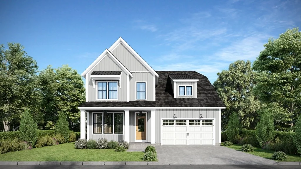 Modern two-story white house with black roof, front porch, and attached garage, surrounded by green trees and lawn