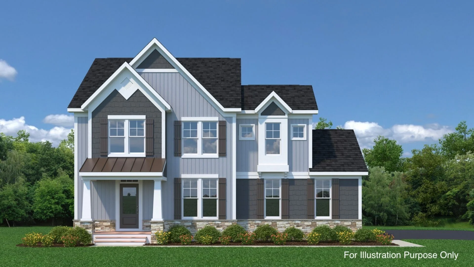 Front view of a modern two-story house with white siding, dark gray shingles, and stone accents, surrounded by a green lawn and trees, under a clear blue sky.