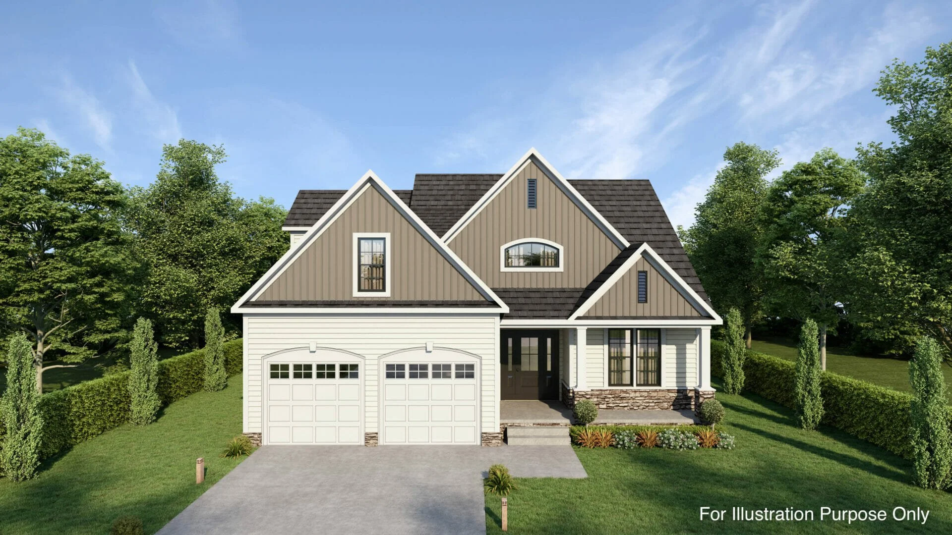 Front view of a modern two-story house with a double garage, black front door, and manicured lawn, surrounded by green trees.