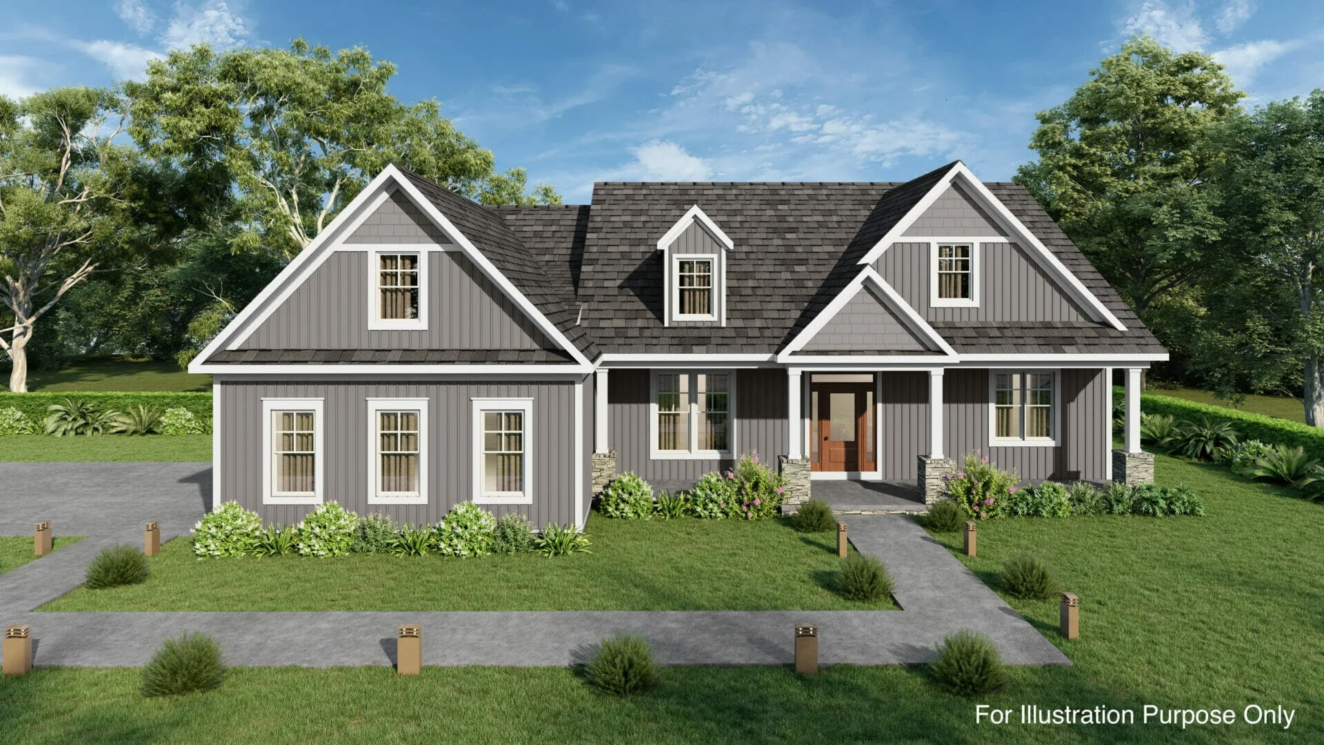 A modern two-story house with gray vertical siding, a gabled roof, and a covered front porch with stone columns, surrounded by a landscaped yard with green grass, bushes, and trees.