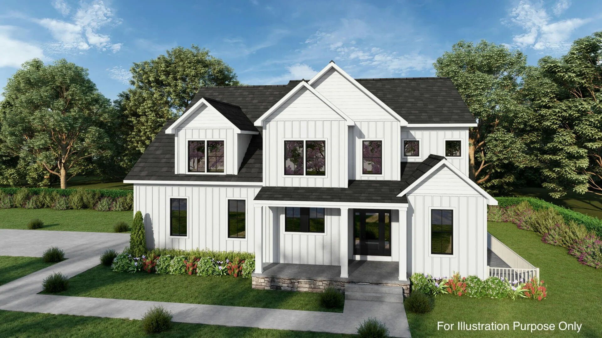 Modern white two-story house with black roof, front porch, and large windows, surrounded by green lawn, trees, and flower beds, under a blue sky with scattered clouds.