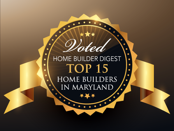 Gold and black badge with ribbon reading: Voted Top 15 Home Builders in Maryland.