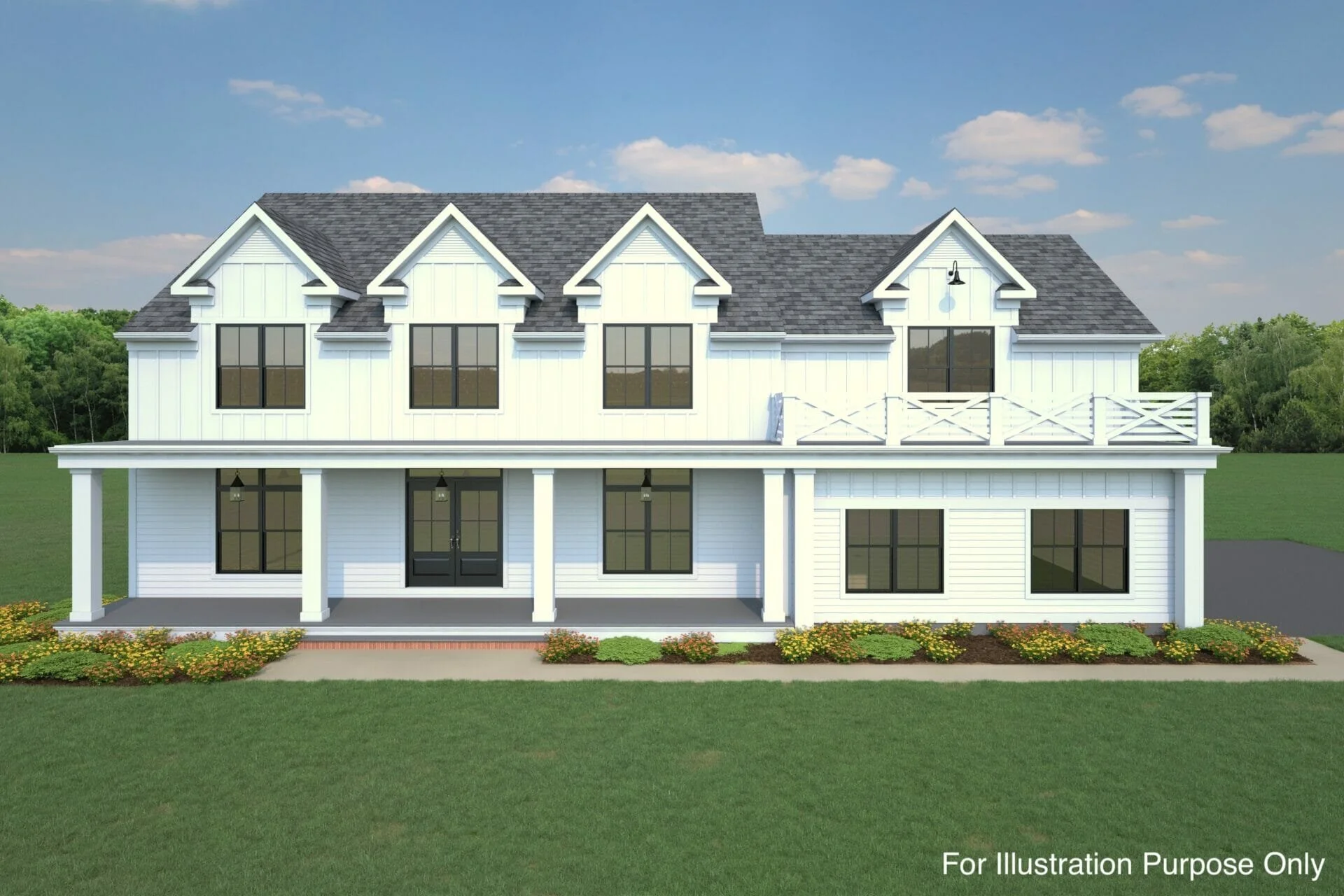 A two-story white house with black window frames, a covered front porch with columns, and a balcony with a railing on the second floor. The house has a gray shingle roof, and there are landscaped flower beds in front of it. The sky is partly cloudy, and there are green trees in the background.