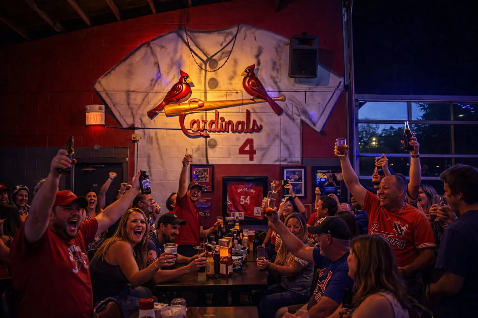 A group of people watching a game at a sports bar called Cardinals, celebrating and raising drinks in the air.