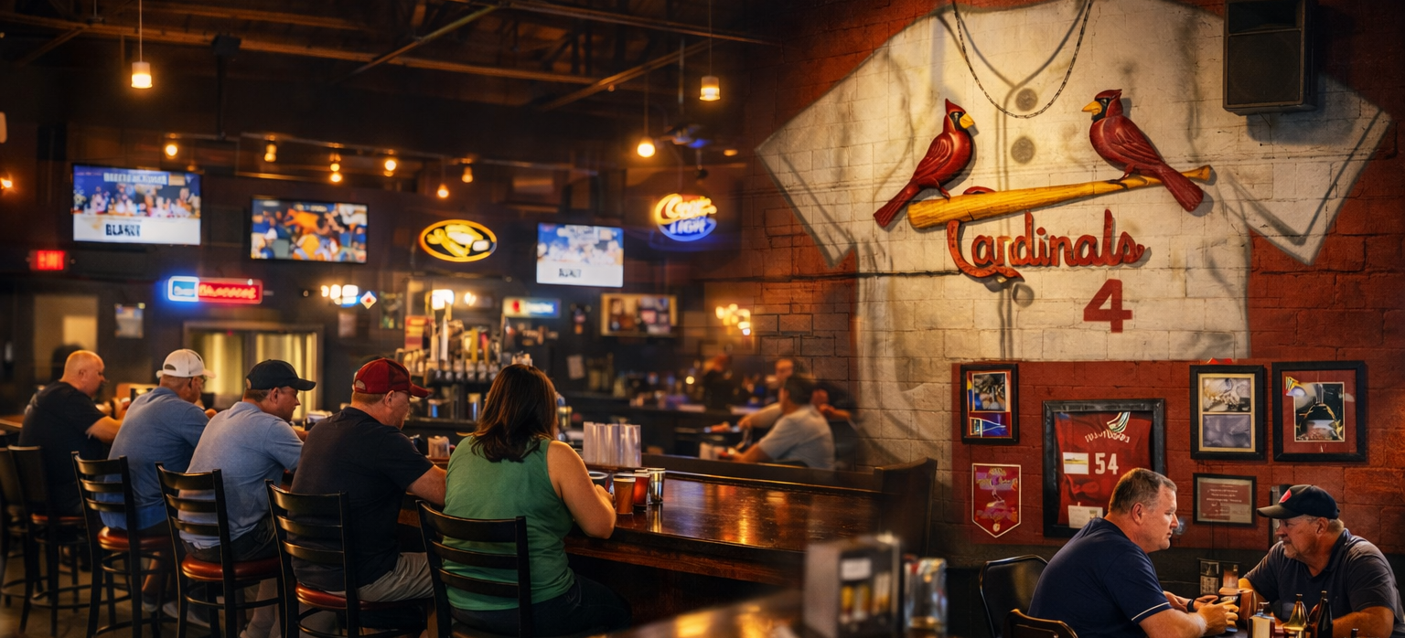 Inside a casual sports bar with patrons sitting at the bar counter and tables, displaying large television screens, neon signs, and sports memorabilia, including a Cardinal's logo on the wall.