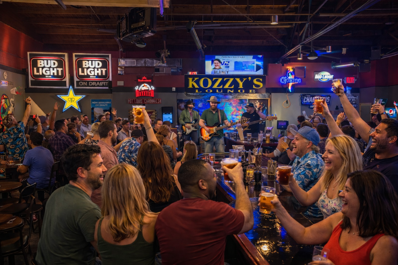 Crowd of people enjoying live music at Kozzy's Lounge bar, some raising glasses of drinks, with band playing on stage in the background, decorated with neon signs and illuminated signs including Bud Light and Corona.