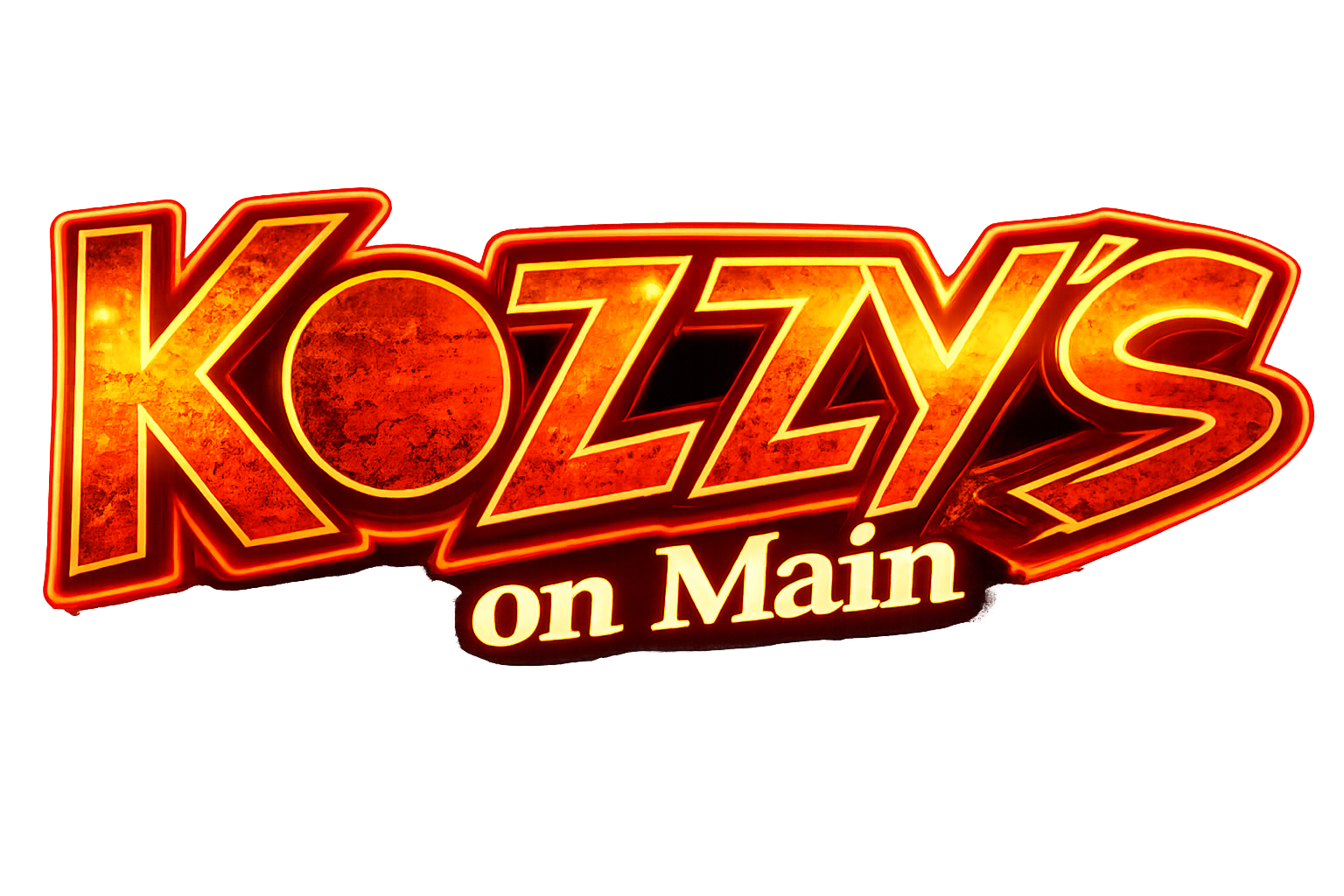 Neon sign reading 'Kozzy's on Main' in bold, fiery orange letters with a glowing outline.