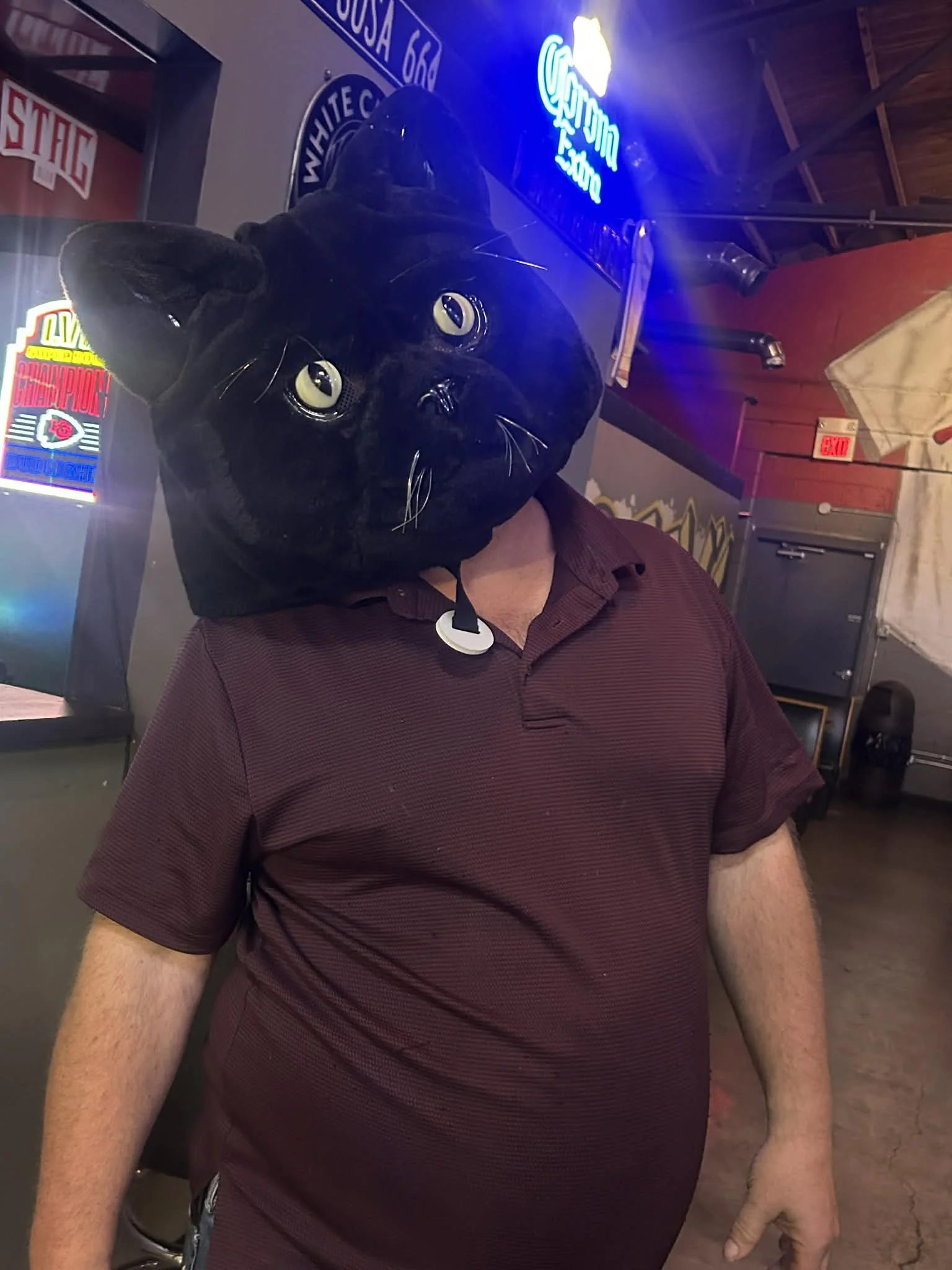 Person wearing a black panther mask in a dimly lit indoor setting with neon signs and posters on the wall.