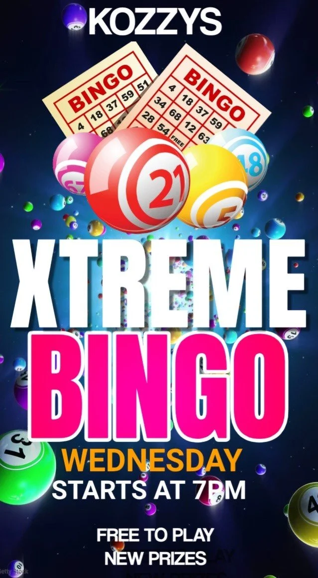 Promotional poster for Xtreme Bingo, featuring bingo balls and bingo cards, with details about a bingo event starting at 7 PM on Wednesday, free to play, with new prizes.