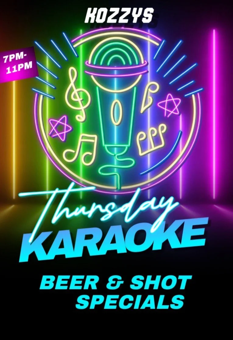 Neon sign for a Thursday karaoke event at Kozzy's, featuring beer and shot specials from 7 PM to 11 PM, with musical and party icons.