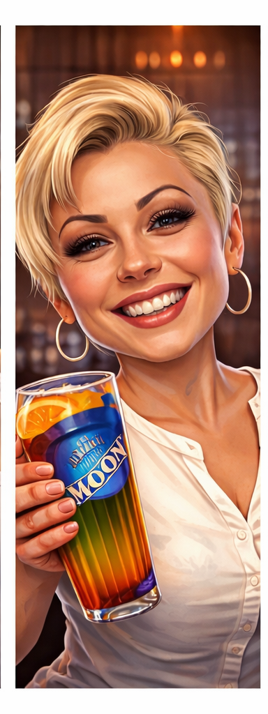 Smiling woman with short blonde hair and hoop earrings holding a colorful cocktail glass with a rainbow-colored beverage and orange slice, in a dimly lit bar or restaurant setting.