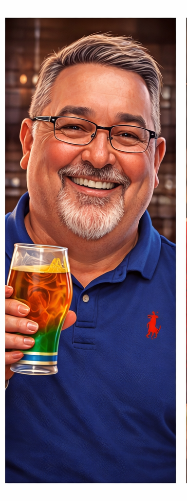 A smiling middle-aged man with glasses and gray hair, wearing a blue polo shirt with a red logo, holds a glass of beer with colorful swirl designs.
