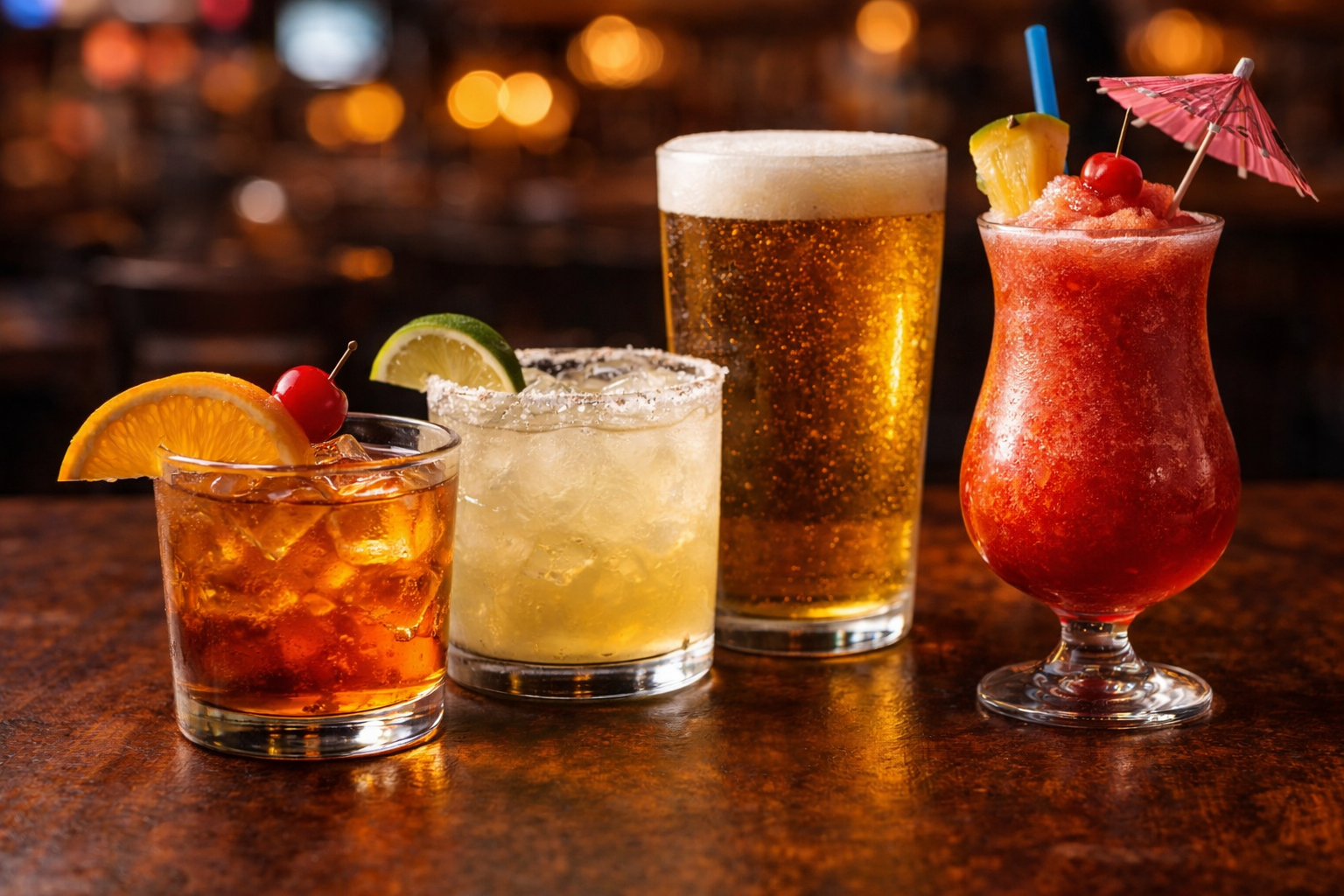 Four cocktails on a wooden bar: an orange and cherry garnish in a short glass, a salted lime wedge and lemon slice in a short glass, a tall glass of beer with a foamy head, and a red frozen drink with cherries, pineapple, and a pink umbrella.