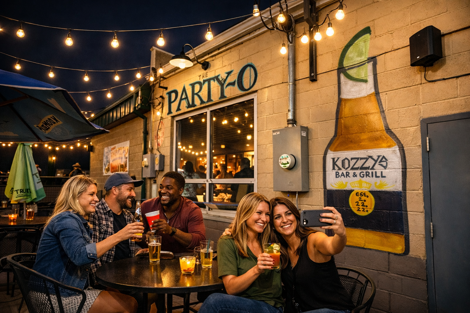 Group of six friends enjoying drinks and taking a selfie at an outdoor bar with string lights and a mural of a beer bottle on the wall.