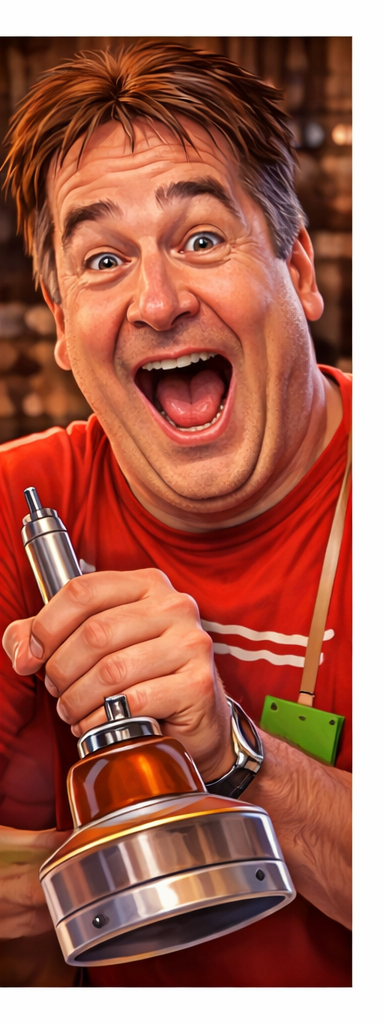 A man with a surprised and happy expression holding a copper espresso pot in a café or restaurant setting.