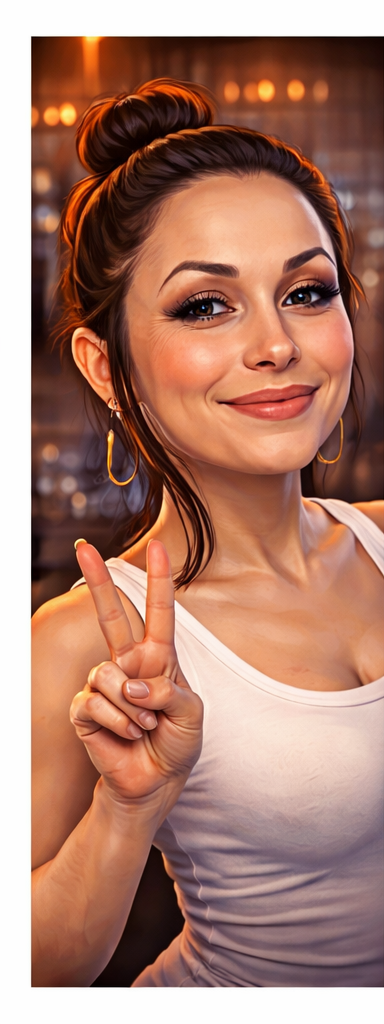 A woman with dark brown hair styled in a bun, smiling and making a peace sign with her right hand, wearing hoop earrings and a white tank top, in a warm-toned indoor setting.