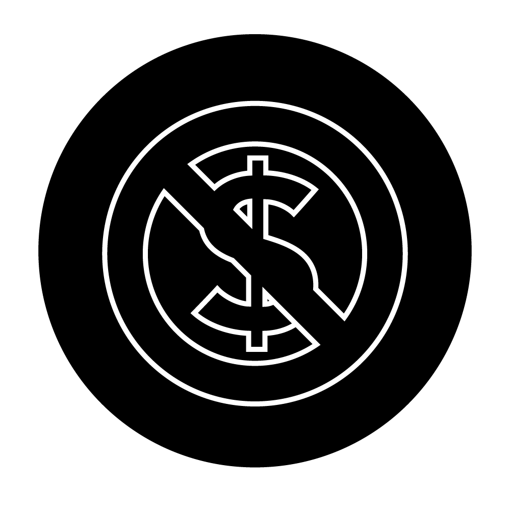 a crossed-out dollar icon