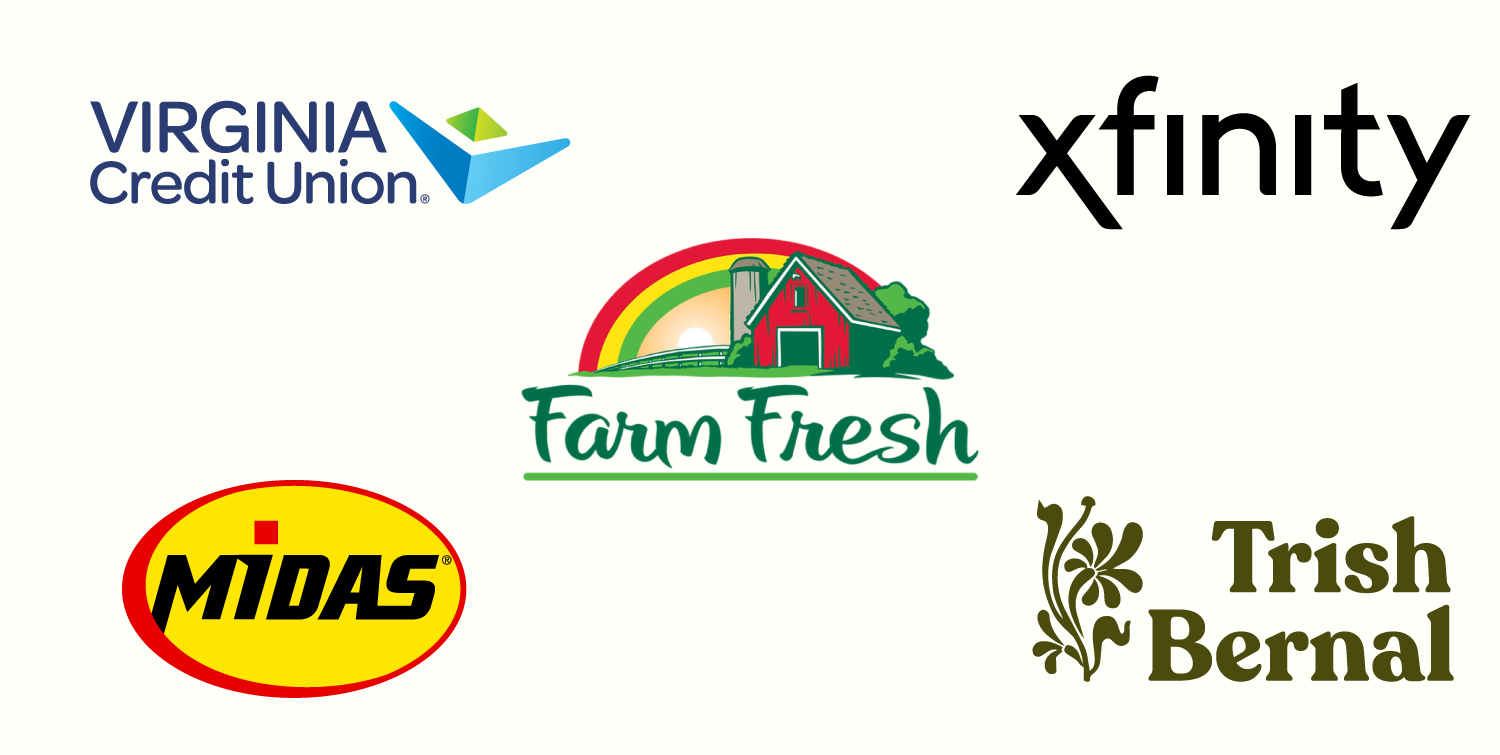 Collection of logos including Virginia Credit Union, Xfinity, Farm Fresh, MIDAS, and Trish Bernal.