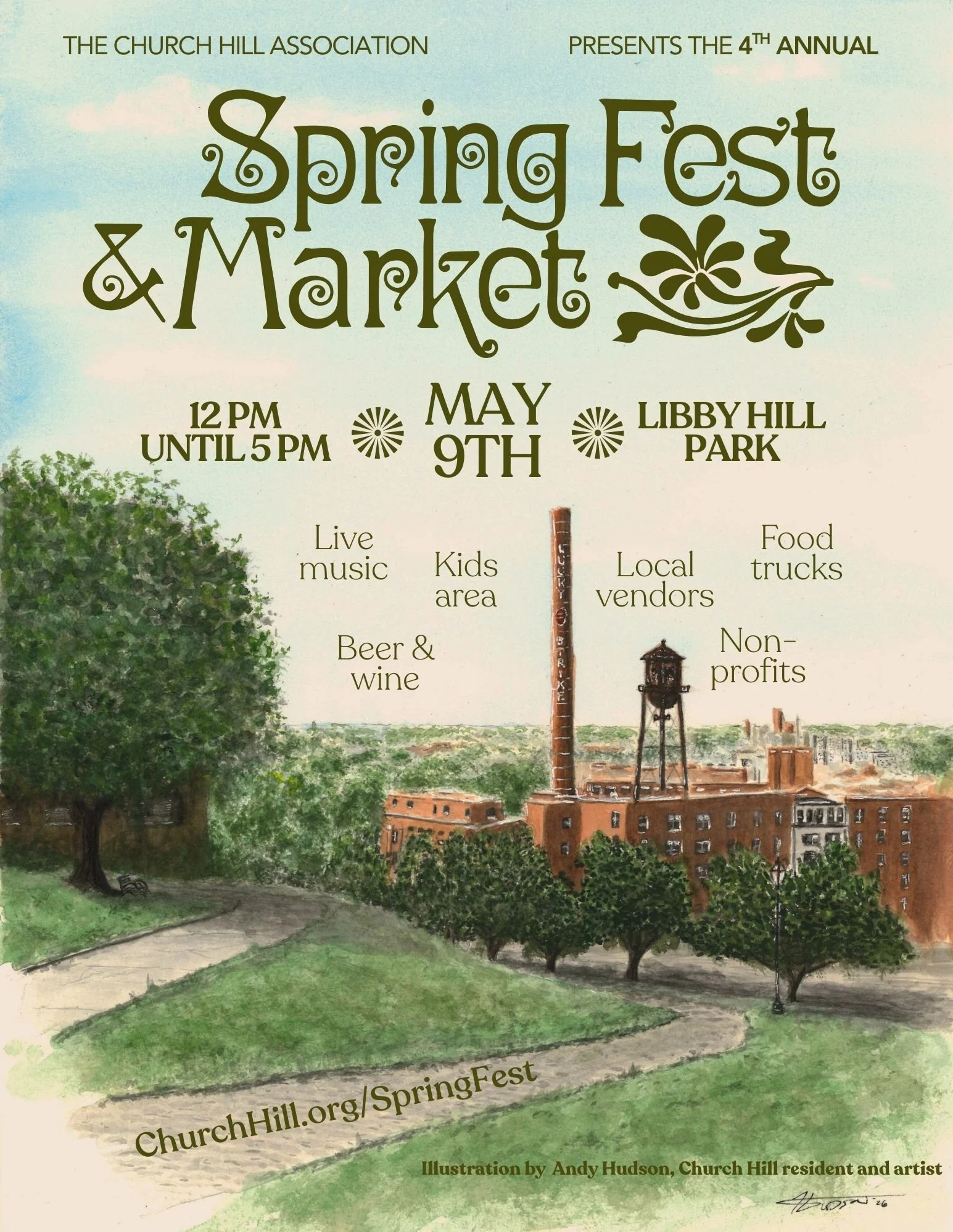 the flyer for Spring Fest & Market — May 9th 12-5 in Libby Hill Park —depicting an artist's painting of the Libby Hill Park overlook