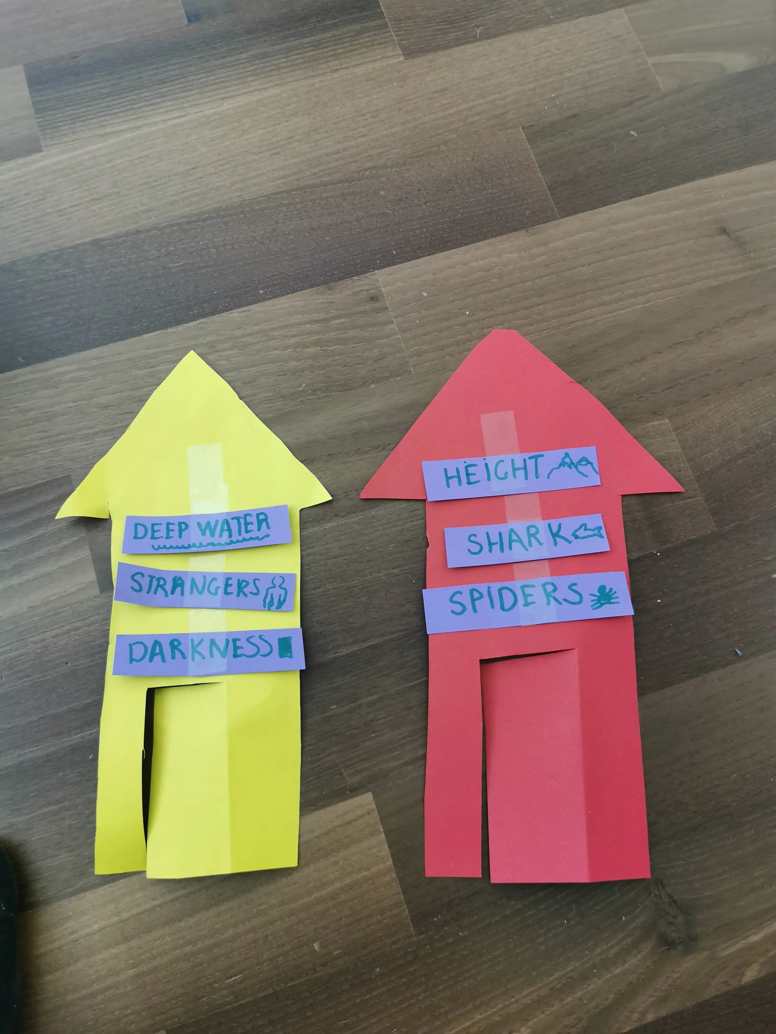 Colorful paper rockets with labels about marine life and ocean features.