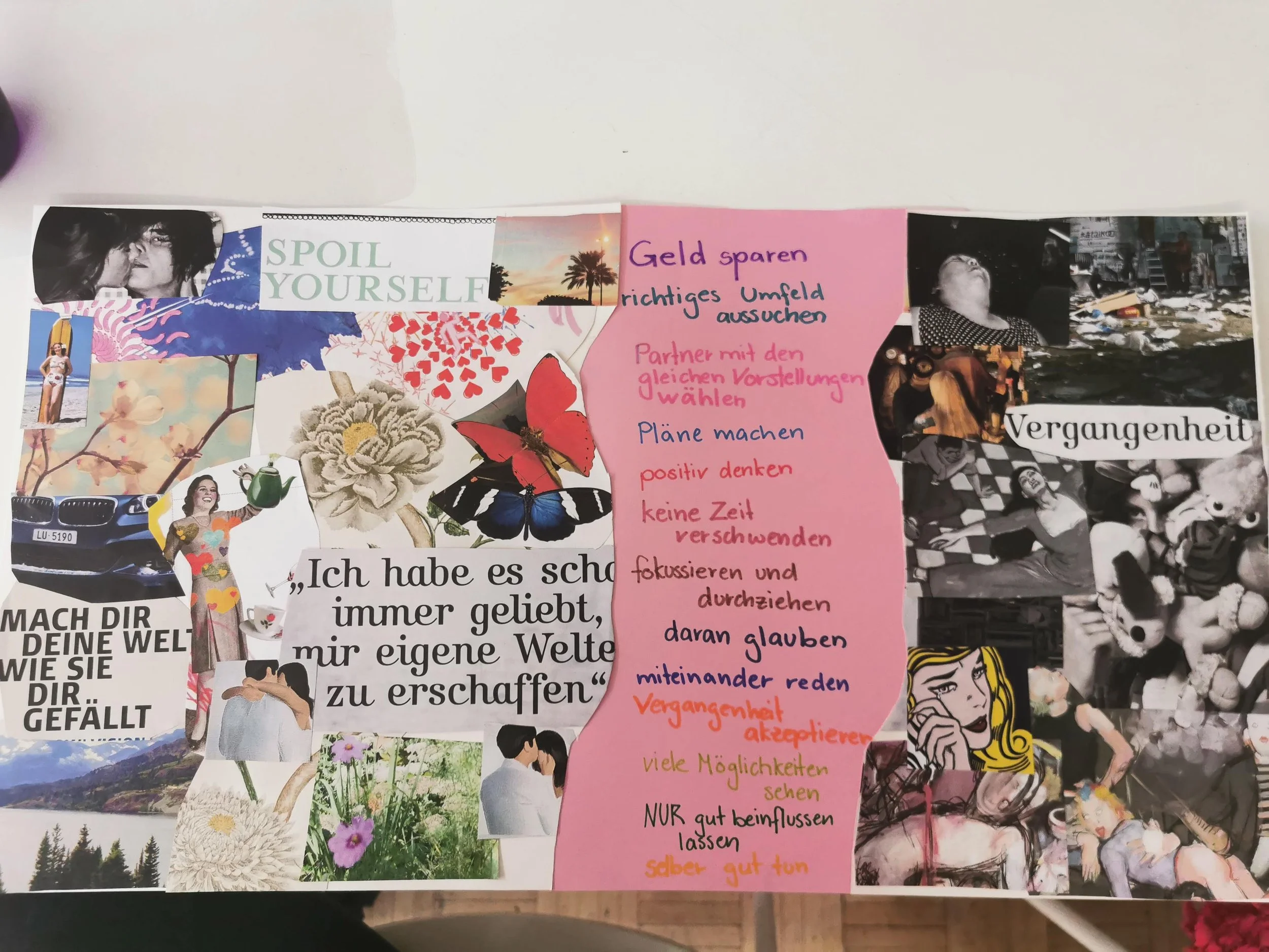 A collage of colorful cut-out images, illustrations, and German text on a white background. The collage includes flowers, butterflies, people, a car, a landscape, and handwritten notes. The notes discuss topics like saving money, choosing partners, making plans, positive thinking, and focusing on the present.