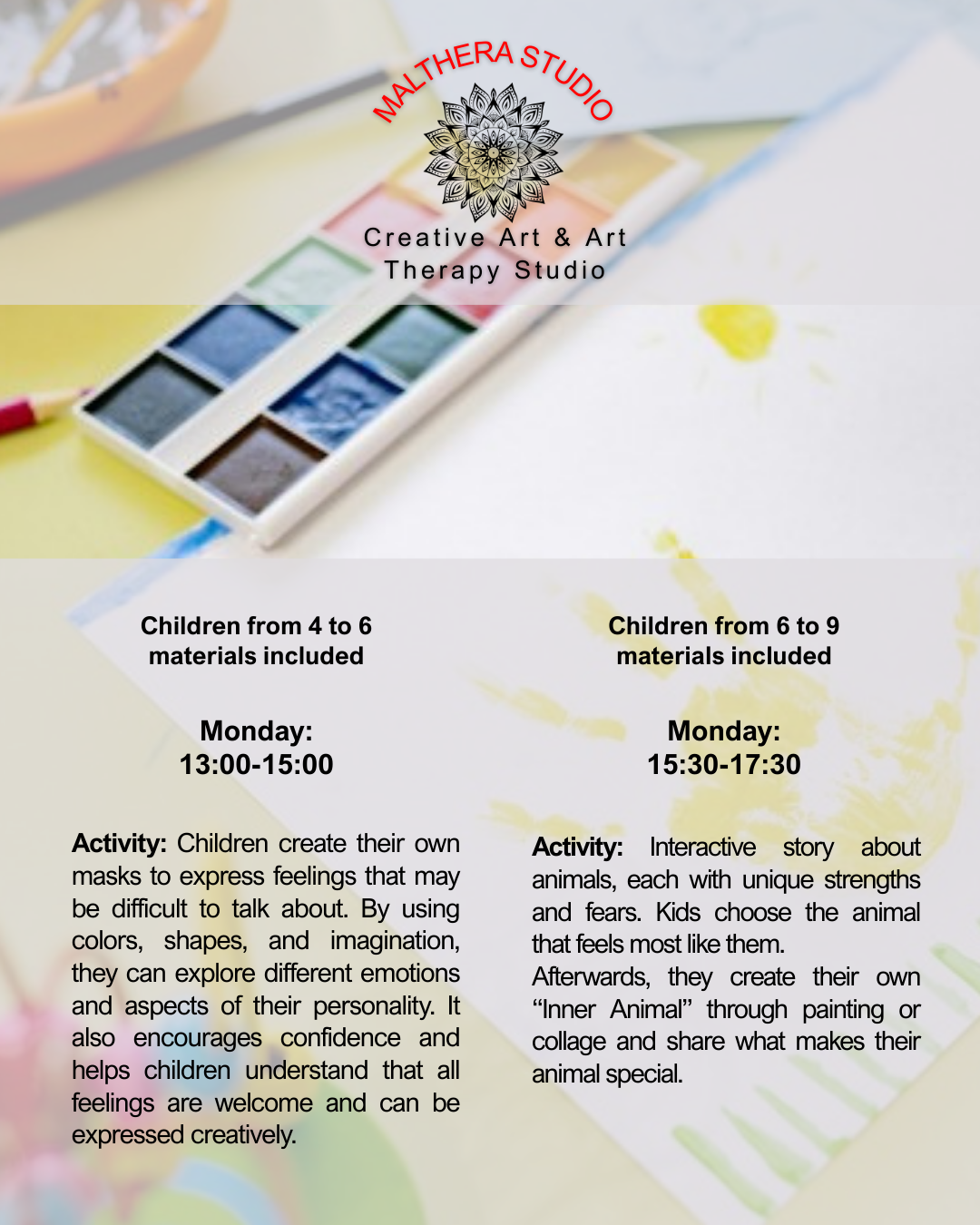 Flyer for Malthera Studio art therapy classes featuring watercolor paints, a paintbrush, and a child's drawing of a yellow sun and flowers. The flyer details class age groups, schedules, and activities.